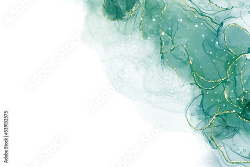Pastel cyan mint liquid marble watercolor background with gold lines and brush stains. Teal turquoise marbled alcohol ink drawing effect. Vector illustration backdrop, watercolour wedding invitation.