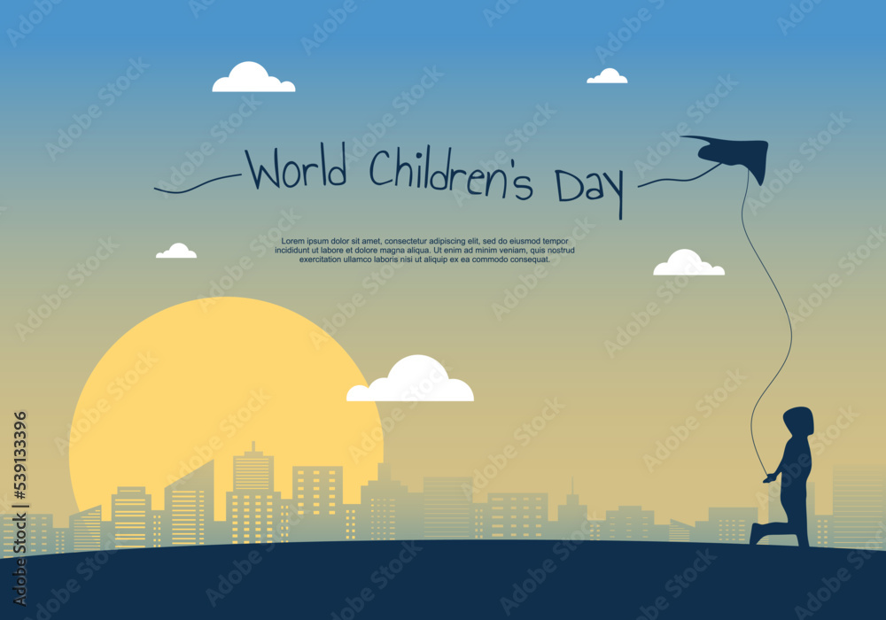 World children day background with child play kite in city.