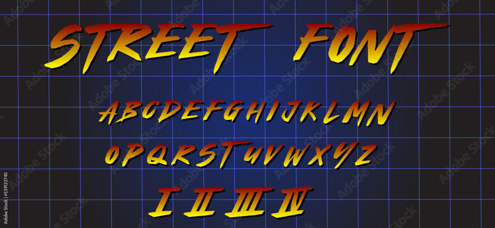 Arcade gaming retrowave font.Gradient letters and numbers on space, grid background. Sci-fi alphabet in retro 80`s style. Synth Wave ABC. Vintage graphic.