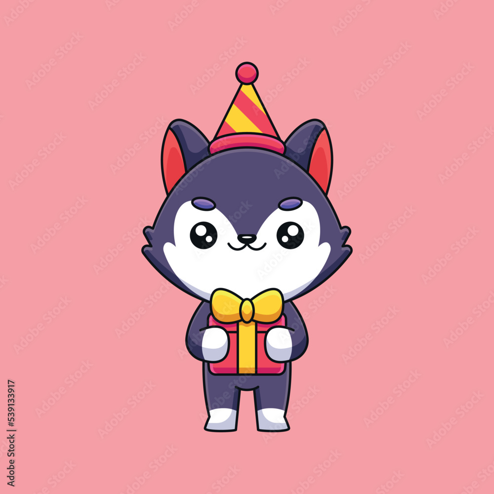 cute birthday wolf cartoon mascot doodle art hand drawn concept vector kawaii icon illustration