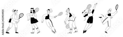 Set of tennis players in sportswear with rackets and balls in their hands. Collection of linear black and white images.