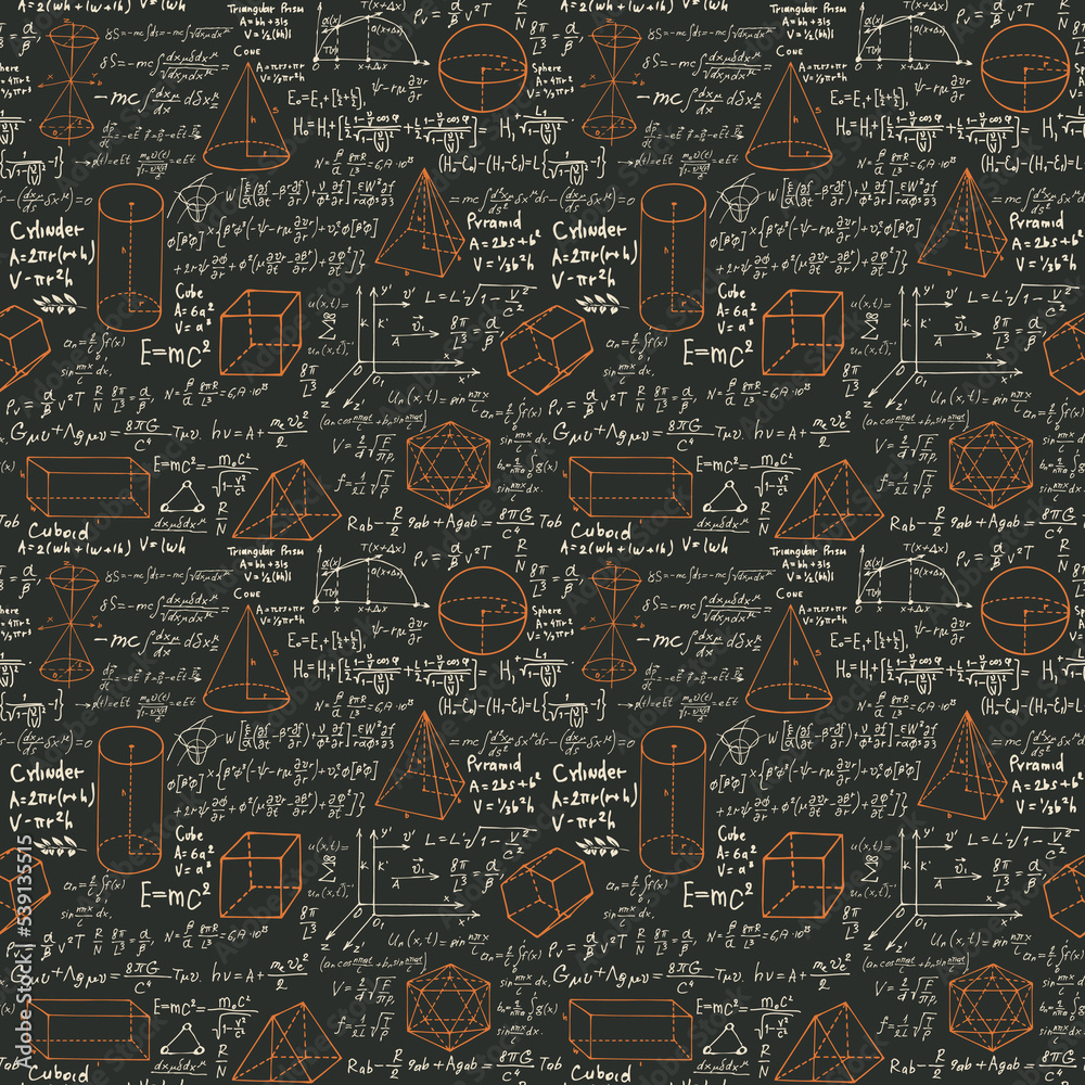 Mathematical seamless pattern with various hand-drawn geometrical figures, handwritten formulas and equations on black backdrop. Abstract math vector background. Drawing chalk on the school blackboard