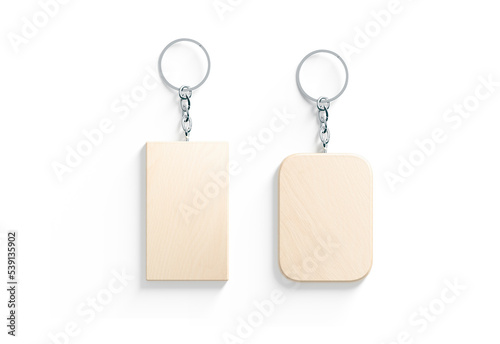 Blank wooden rectangular tag on chain mockup, top view