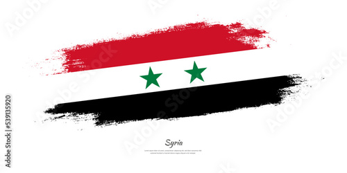 Happy Independence Day of Syria. National flag on artistic stain brush stroke background.