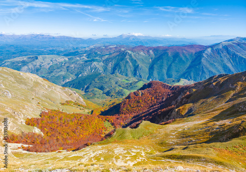 Rieti (Italy) - The peak of Monti Reatini, beside Terminillo, during the autumn foliage, with Brecciaro, Ritornello, Elefante, Valloni and Jaccio Crudele summits.