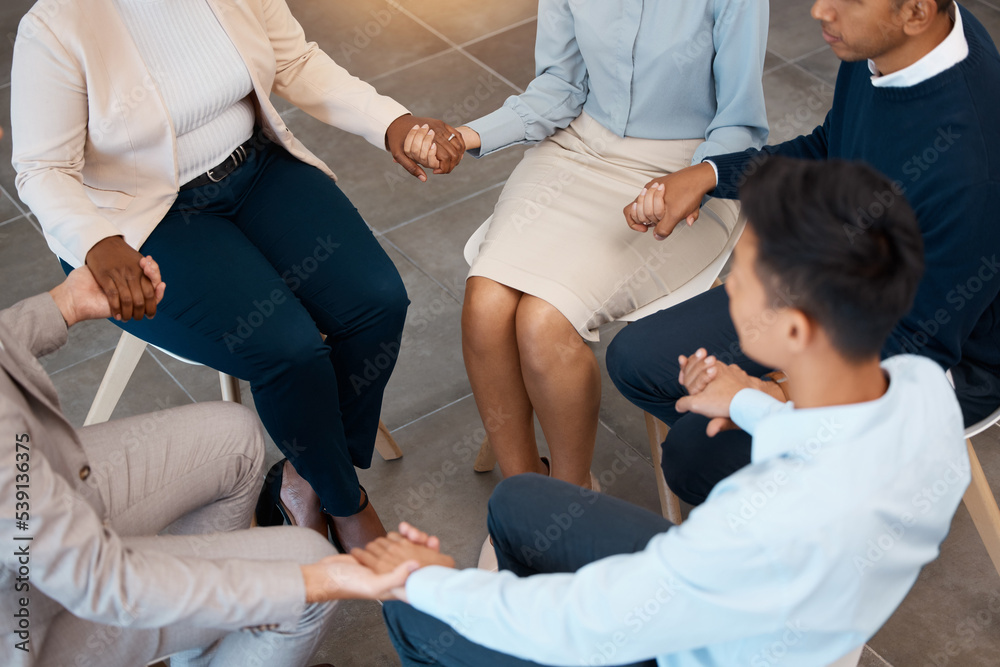 Support, holding hands and business people in team building, therapy group or mental health work counseling service. Corporate people in community circle for commitment, partner trust or cooperation Support, holding hands and business people in team building, therapy group or mental health work counseling service. Corporate people in community circle for commitment, partner trust or cooperation