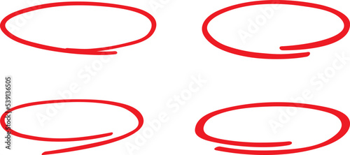 Red circle, pen draw set. Highlight hand drawing different circles isolated on background. Handwritten red circle. For marking text, numbers, marker pen, pencil and text check, vector illustration