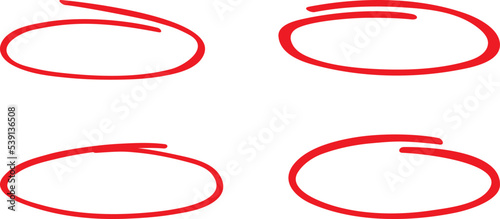 Red circle, pen draw set. Highlight hand drawing different circles isolated on background. Handwritten red circle. For marking text, numbers, marker pen, pencil and text check, vector illustration