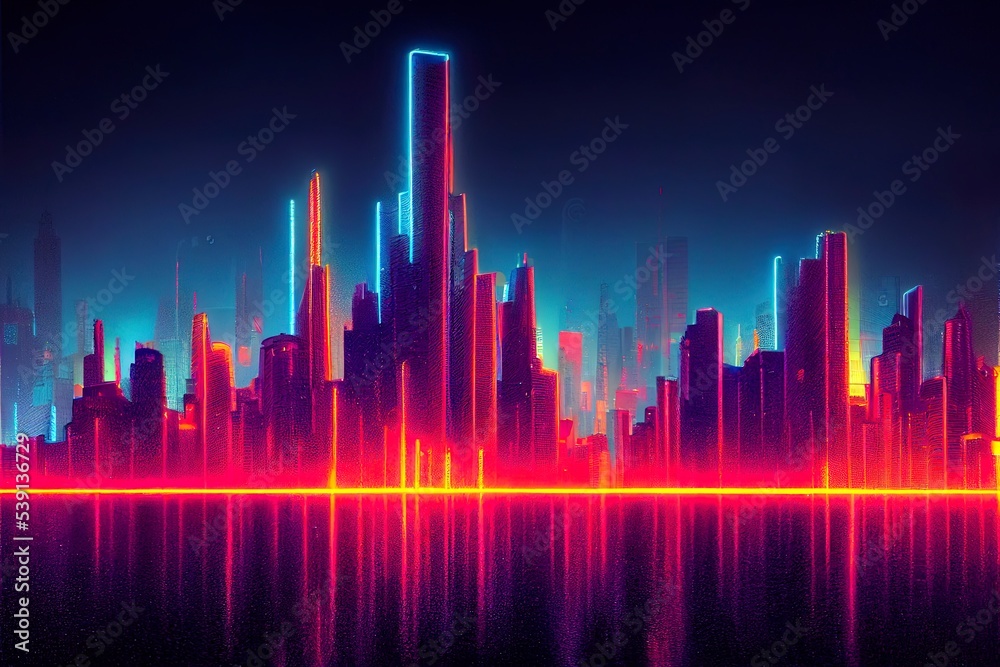 Cyberpunk neon city night. Futuristic city scene in a style of pixel art. Backdrop. Wallpaper. Retro future 3D illustration. Urban scene.