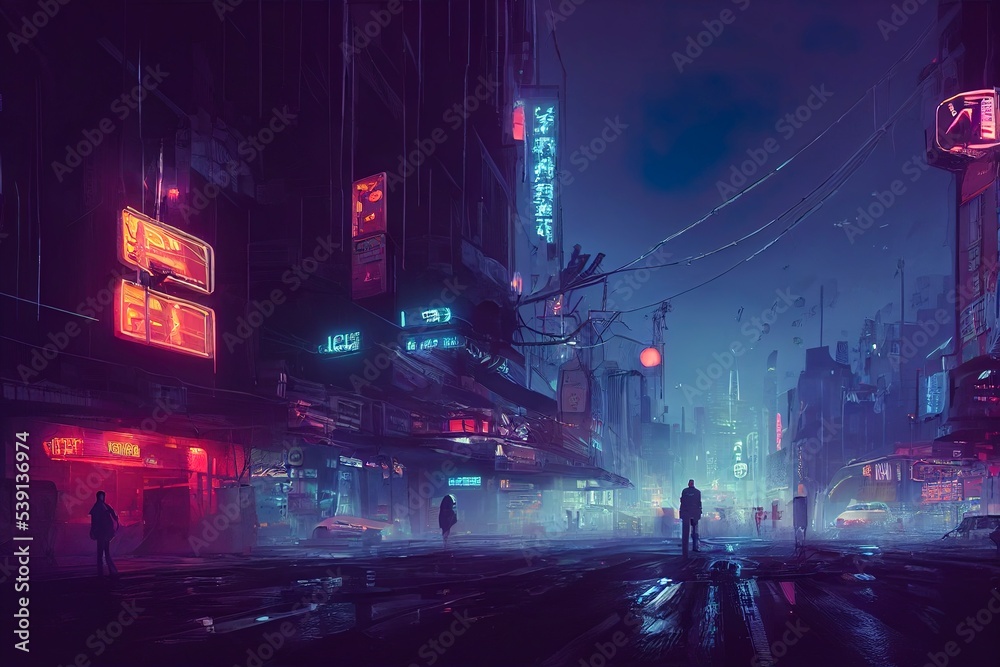 Cyberpunk neon city night. Futuristic city scene. Backdrop. Wallpaper.  Retro future 3D illustration. Urban sci fi scene. Stock Photo | Adobe Stock