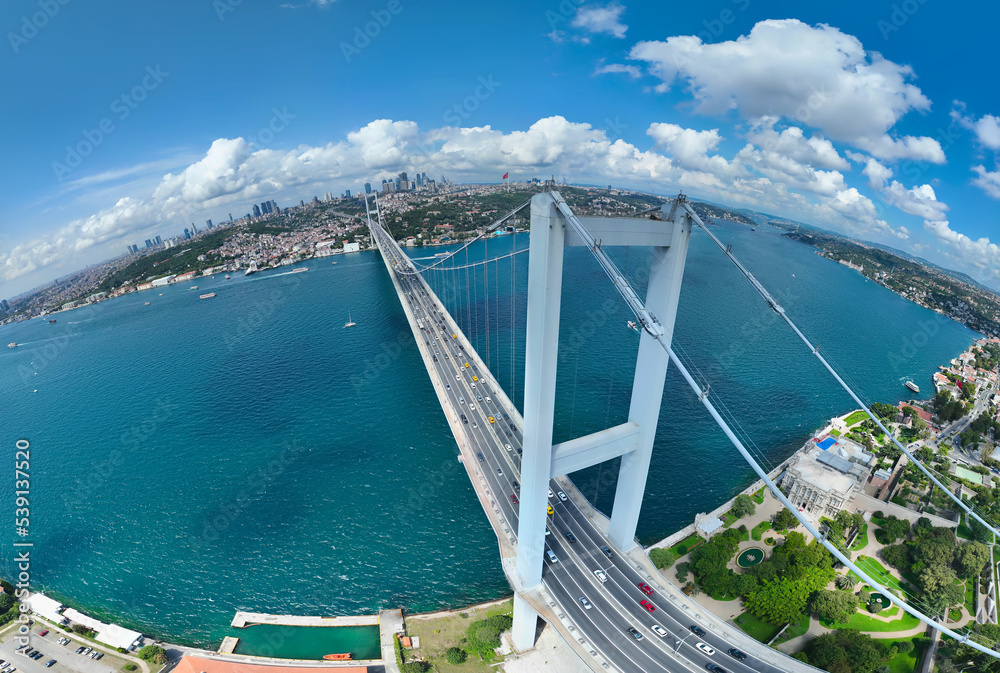Istanbul Bosphorus Bridge and City Skyline in Background with Turkish ...