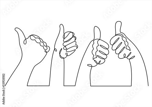 Single line drawing of thumbs up. Business group continuous line draw vector illustration