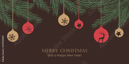 christmas background with fir branches and bauble decoration
