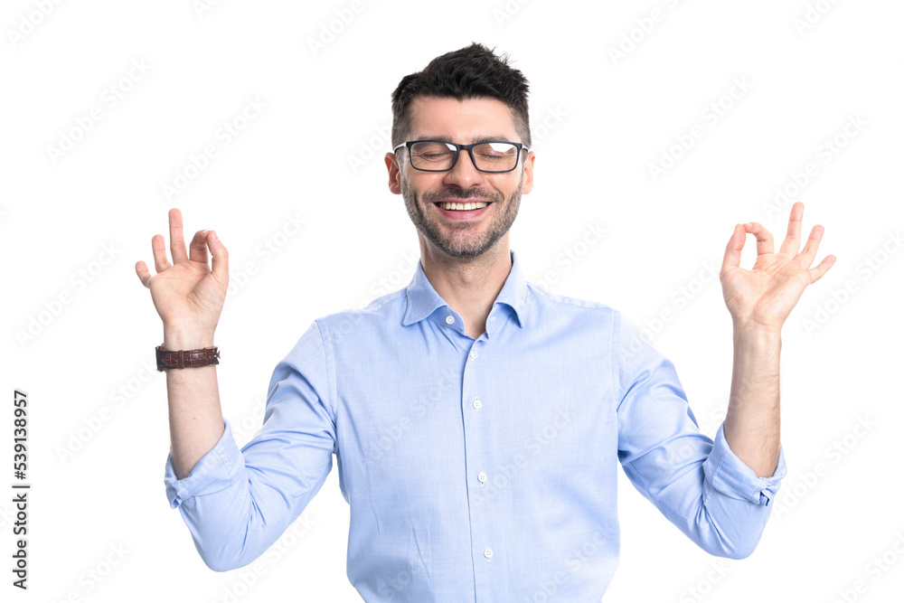 happy meditating businessman in studio. ok gesture of meditating businessman. adult businessman happy meditating businessman in studio. ok gesture of meditating businessman. adult businessman