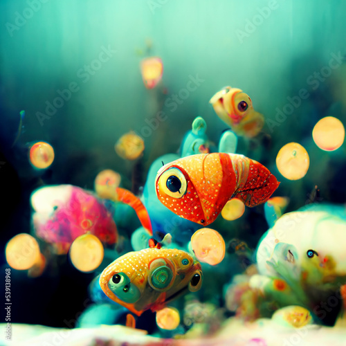 Underwater background with various sea views. Underwater scene. Cute sea fishes ocean underwater animals.