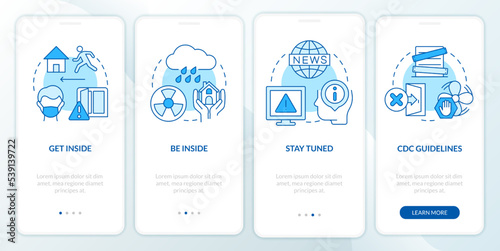 Survive during nuclear explosion blue onboarding mobile app screen. Walkthrough 4 steps editable graphic instructions with linear concepts. UI, UX, GUI template. Myriad Pro-Bold, Regular fonts used
