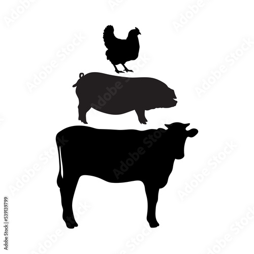 Cow swine rooster, farm logo design, silhouette stencil template isolated