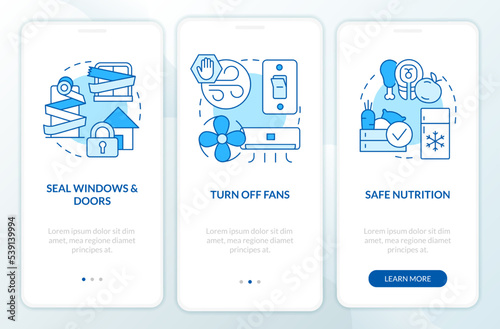 Actions at home during disaster blue onboarding mobile app screen. Walkthrough 3 steps editable graphic instructions with linear concepts. UI, UX, GUI template. Myriad Pro-Bold, Regular fonts used