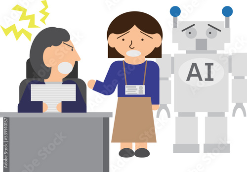 頑なに自分の仕事をAI化しないと言っている人を説得しているイメージイラスト
