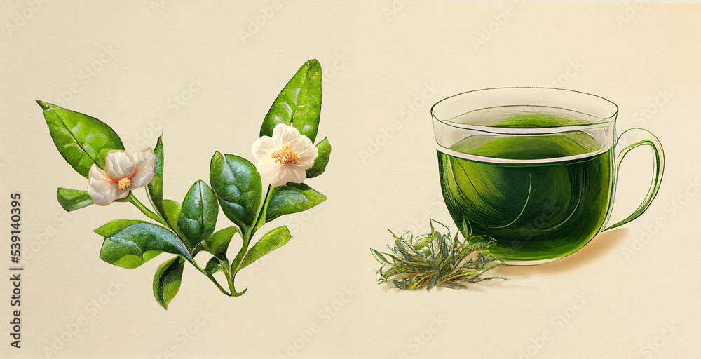 Green tea (Camellia sinensis). Botanical illustration on white paper