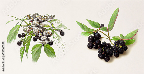 Elderberry (Sambucus nigra). Botanical illustration on white paper. The best medicinal plants, their effects and contraindications. Natural medicine. Plant properties
