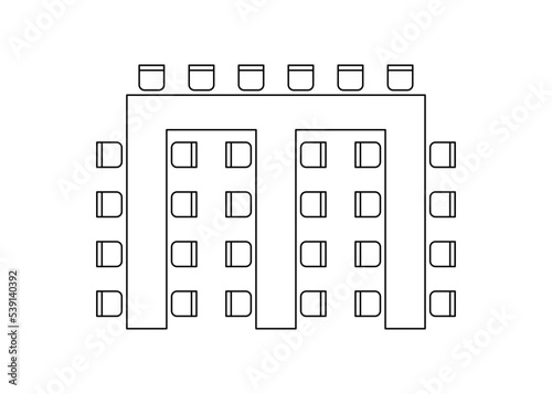 Plan for arranging seats and tables in interior, layout graphic outline elements. Chairs and tables icons in scheme architectural plan. Office and home furniture, top view. Vector line