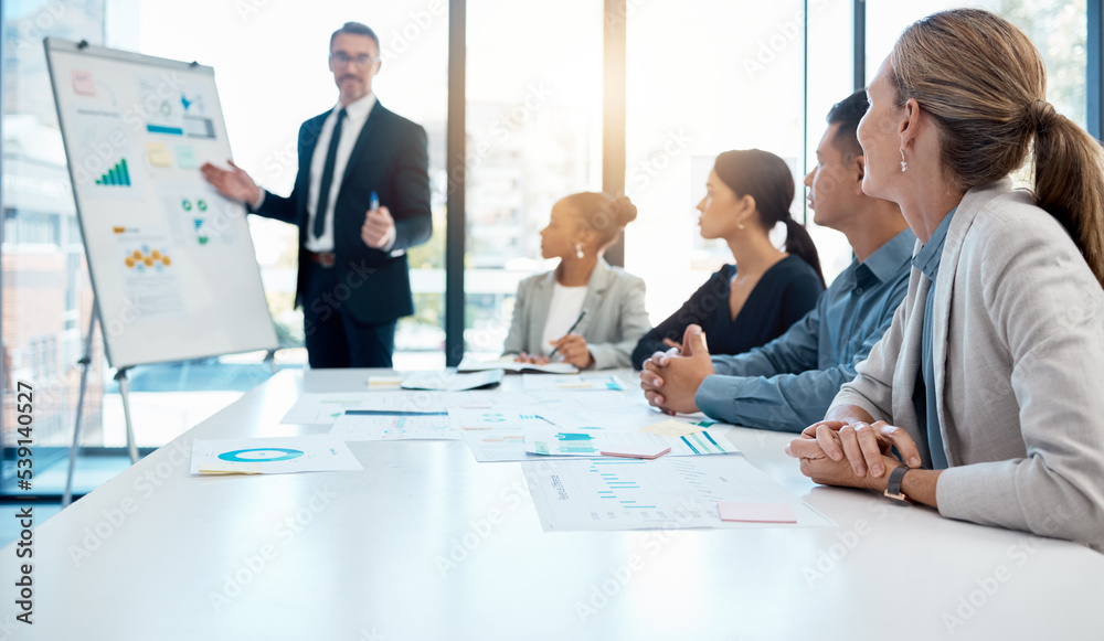 Fototapeta premium Chart, ceo and business people in a meeting presentation planning, talking or speaking on sales growth and our vision. Mentor, leadership and marketing manager coaching a global team or office group