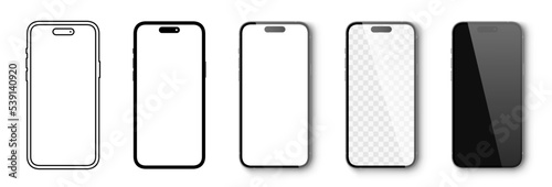 Realistic models smartphone with transparent screens. Smartphone mockup collection. Device front view. 3D mobile phone with shadow on white background. Realistic, flat and line style - stock vector.