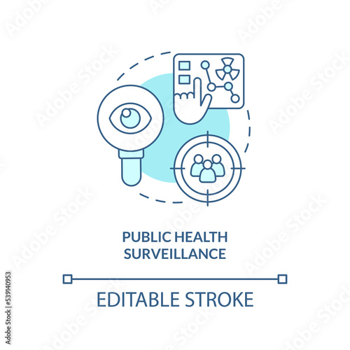 Public health surveillance turquoise concept icon. Medical system preparedness abstract idea thin line illustration. Isolated outline drawing. Editable stroke. Arial, Myriad Pro-Bold fonts used