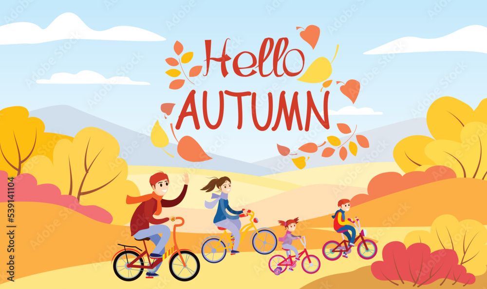 Hello, Autumn. Happy family ride r bikes in public park, red yellow trees and falling leaves. Healthy active lifestyle in autumn season vector background