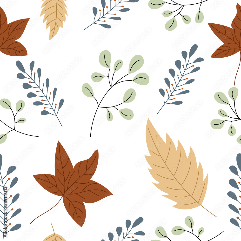Fototapeta premium Autumn seamless pattern with leaves and plants. Raster version