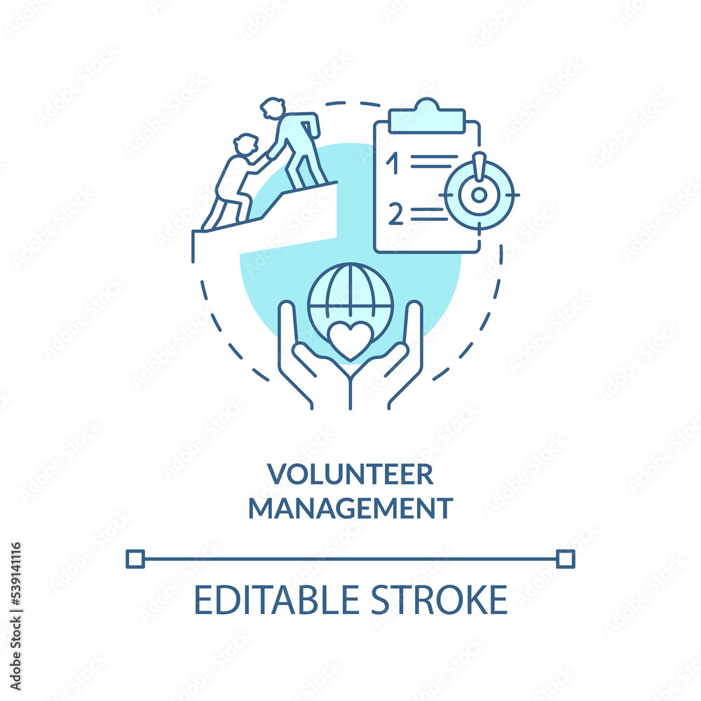 Volunteer management turquoise concept icon. Assistance. Public health preparedness abstract idea thin line illustration. Isolated outline drawing. Editable stroke. Arial, Myriad Pro-Bold fonts used
