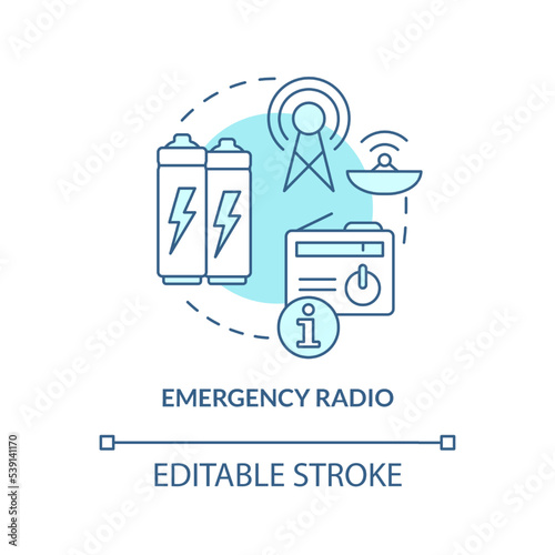 Emergency radio turquoise concept icon. Info during nuclear event. Way to stay tuned abstract idea thin line illustration. Isolated outline drawing. Editable stroke. Arial, Myriad Pro-Bold fonts used