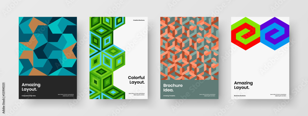 Trendy booklet design vector layout bundle. Multicolored geometric tiles company identity illustration set.