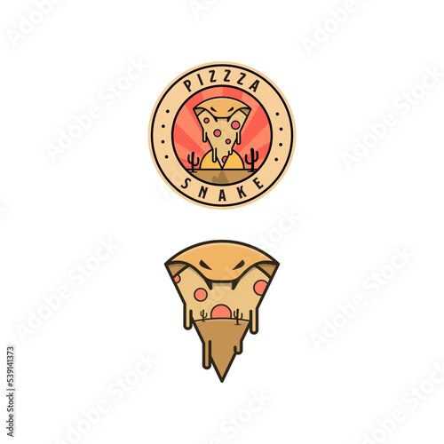 Logo design emblem combination of a slice of pizza and a snake.