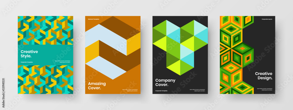 Multicolored catalog cover A4 design vector template collection. Trendy geometric pattern presentation layout set.