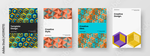 Clean geometric hexagons company brochure illustration set. Premium presentation vector design template collection.