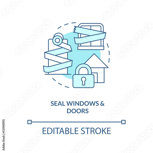 Seal windows and doors turquoise concept icon. Action at home during nuclear accident abstract idea thin line illustration. Isolated outline drawing. Editable stroke. Arial, Myriad Pro-Bold fonts used
