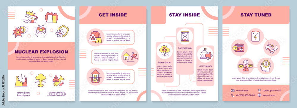 Nuclear explosion pink brochure template. Accident danger. Leaflet design with linear icons. Editable 4 vector layouts for presentation, annual reports. Arial-Black, Myriad Pro-Regular fonts used