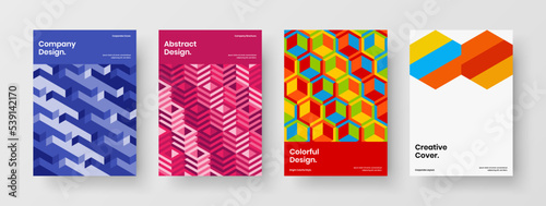 Trendy mosaic hexagons booklet illustration bundle. Minimalistic brochure A4 vector design concept collection.