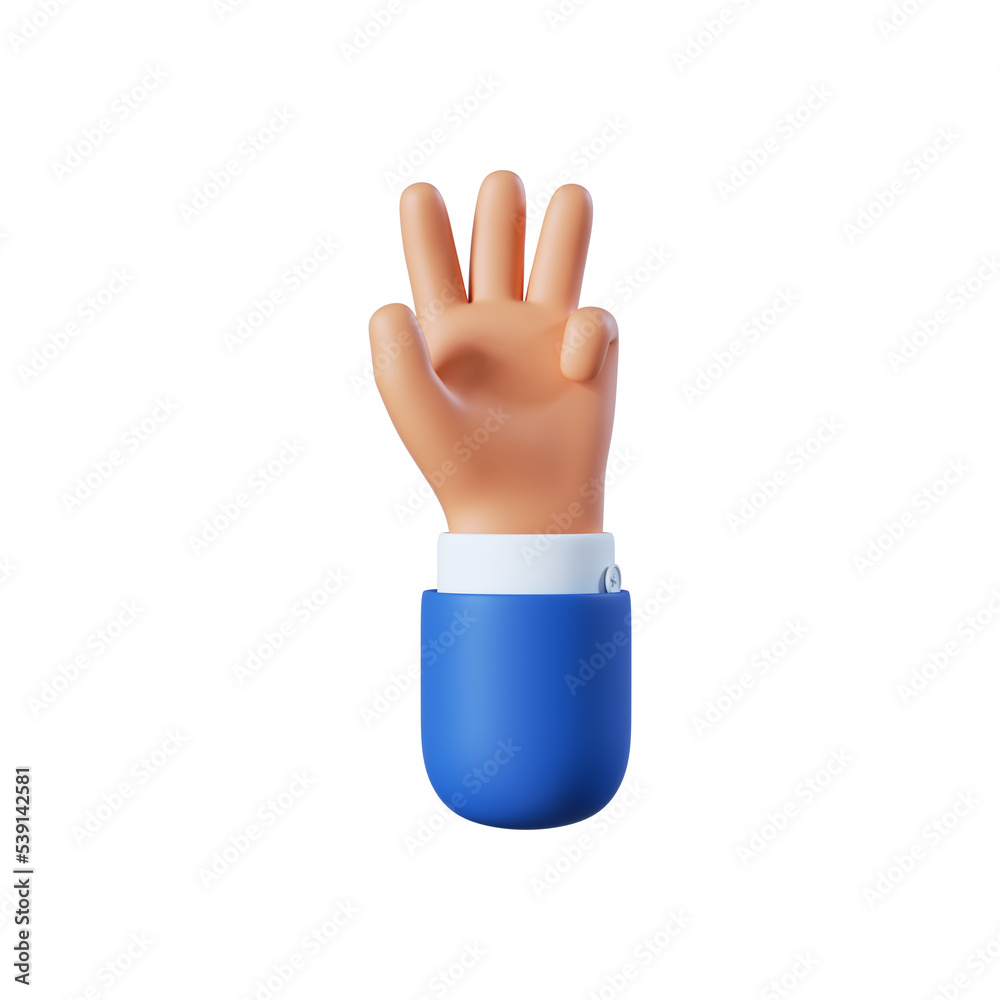 3d illustration. Three fingers counting icon. Cartoon character hand. Business clip art isolated on white background 3d illustration. Three fingers counting icon. Cartoon character hand. Business clip art isolated on white background
