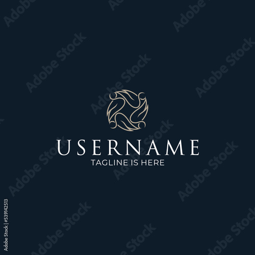 Light brown mandala logo design on navy background.