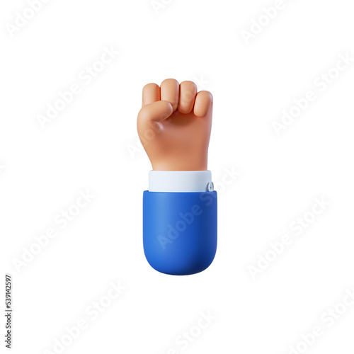 3d render. Fist icon. Cartoon character hand gesture. Strength or fight clip art isolated on white background photo