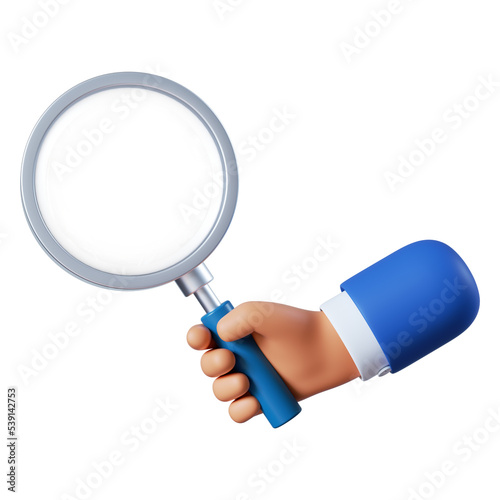 3d render. Search icon. Cartoon character hand holds big magnifying glass lens. Business of science clip art isolated on white background