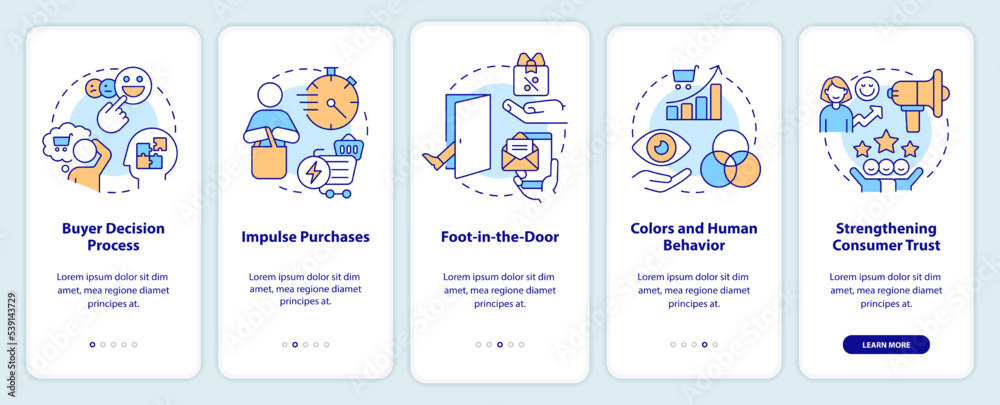 Impactful marketing tactics onboarding mobile app screen. Psychology. Walkthrough 5 steps editable graphic instructions with linear concepts. UI, UX, GUI template. Myriad Pro-Bold, Regular fonts used