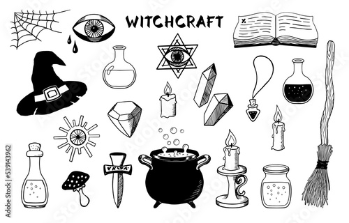 Witchcraft symbols set. Mystic magical hand drawn elements. Witch cauldron, hat, broom and other elements for Halloween.