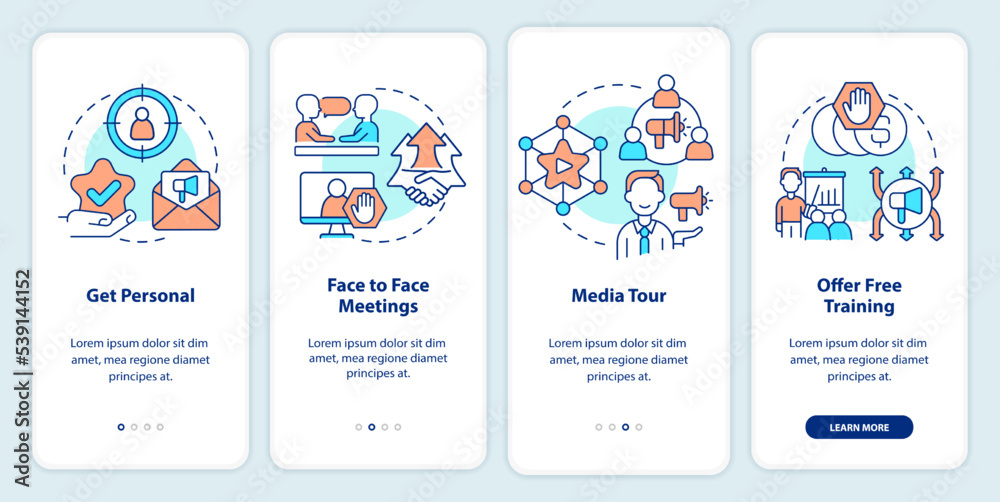 Fast turnaround ideas onboarding mobile app screen. Clients engagement walkthrough 4 steps editable graphic instructions with linear concepts. UI, UX, GUI template. Myriad Pro-Bold, Regular fonts used