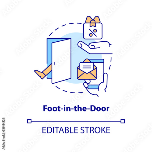 Consumers encouragement tactic concept icon. Foot in door. Psychological marketing abstract idea thin line illustration. Isolated outline drawing. Editable stroke. Arial, Myriad Pro-Bold fonts used