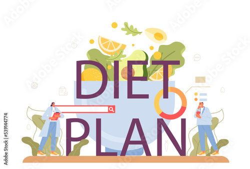 Diet plan typographic header. Nutrition therapy with healthy food