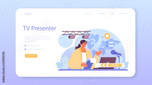 TV presenter web banner or landing page. Journalist in a studio